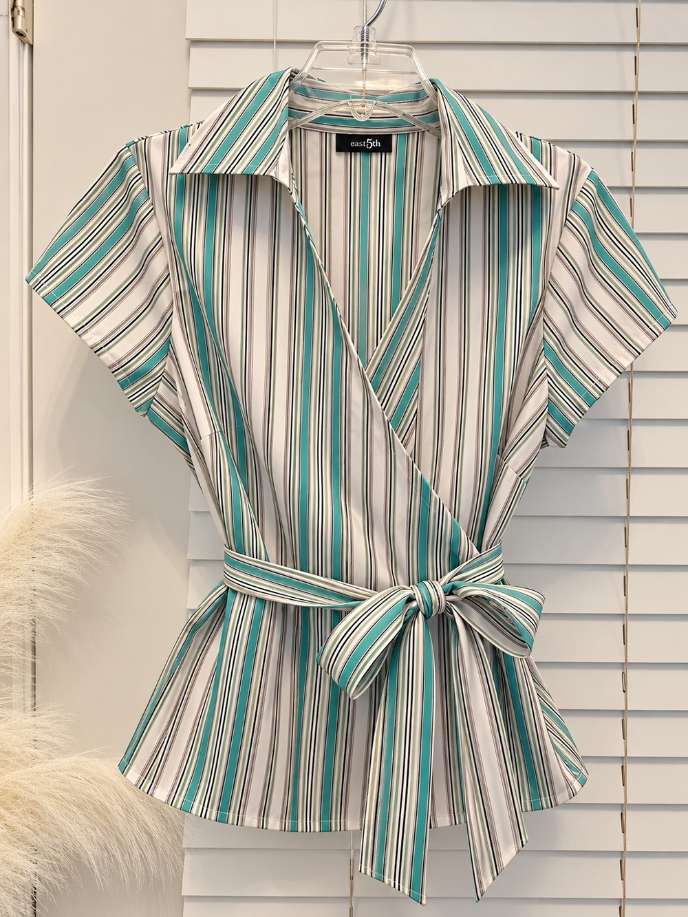 East 5th Teal and White Striped Tie-Waist Wrap Blouse